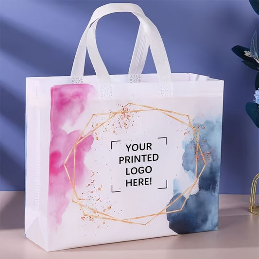 50-Pack Custom Logo & Text Gift Bags – Reusable Non-Woven Tote Bags with White Handles, Bulk Party Bags for Birthdays, Weddings, Easter, Holiday Parties, and Christmas Gifts