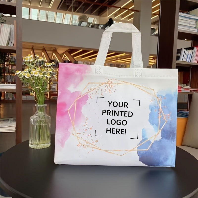 50-Pack Custom Logo & Text Gift Bags – Reusable Non-Woven Tote Bags with White Handles, Bulk Party Bags for Birthdays, Weddings, Easter, Holiday Parties, and Christmas Gifts