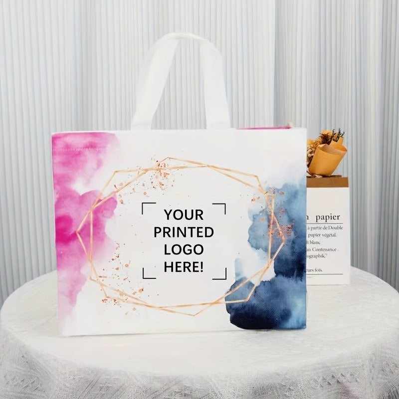 50-Pack Custom Logo & Text Gift Bags – Reusable Non-Woven Tote Bags with White Handles, Bulk Party Bags for Birthdays, Weddings, Easter, Holiday Parties, and Christmas Gifts