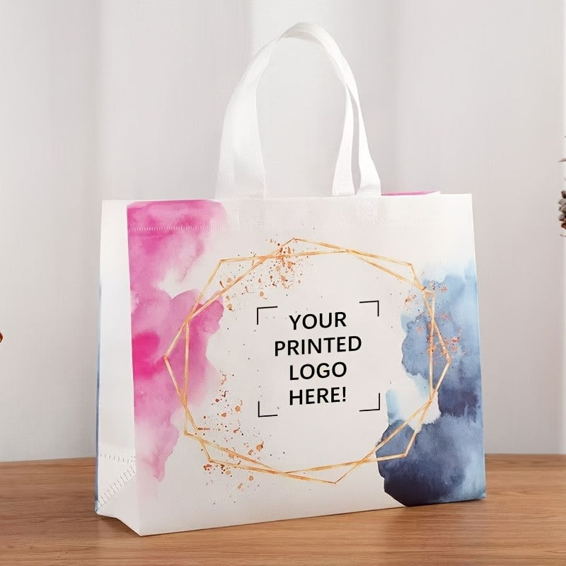 50-Pack Custom Logo & Text Gift Bags – Reusable Non-Woven Tote Bags with White Handles, Bulk Party Bags for Birthdays, Weddings, Easter, Holiday Parties, and Christmas Gifts