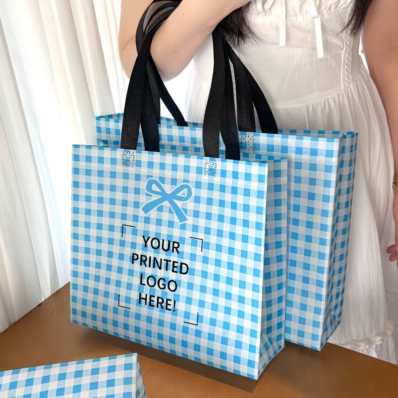 50-Pack Custom Single-Sided Black & White Logo Gift Bags with Handles – Reusable Printed Non-Woven Shopping Bags, High-Quality Party Favor Bags for Mother’s Day, Bridesmaid Gifts, Birthdays, Weddings, and Valentine’s Day